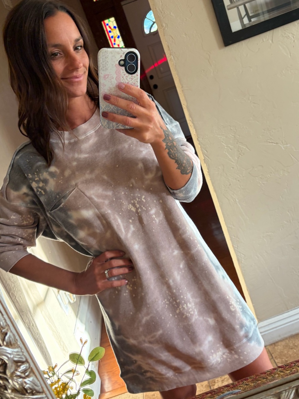 Tie-Dye Crewneck Pocket Sweatshirt Dress/Tunic in Brown and Black